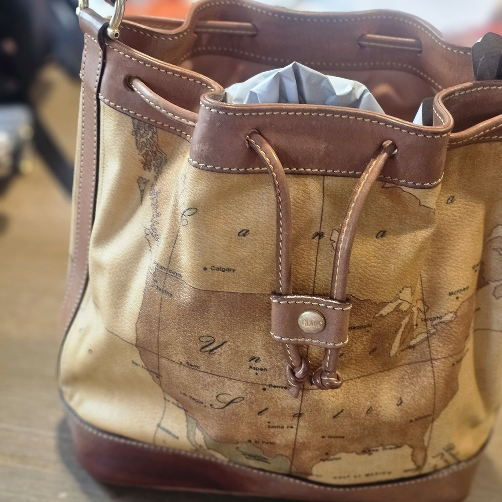 Vintage Map Print Leather Bucket Bag